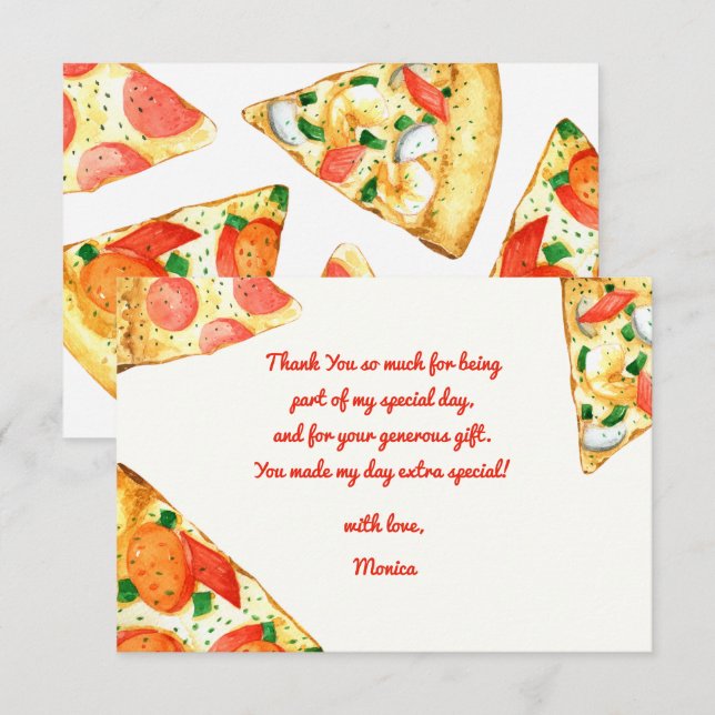 Watercolor pizza party birthday thank you card (Front/Back)