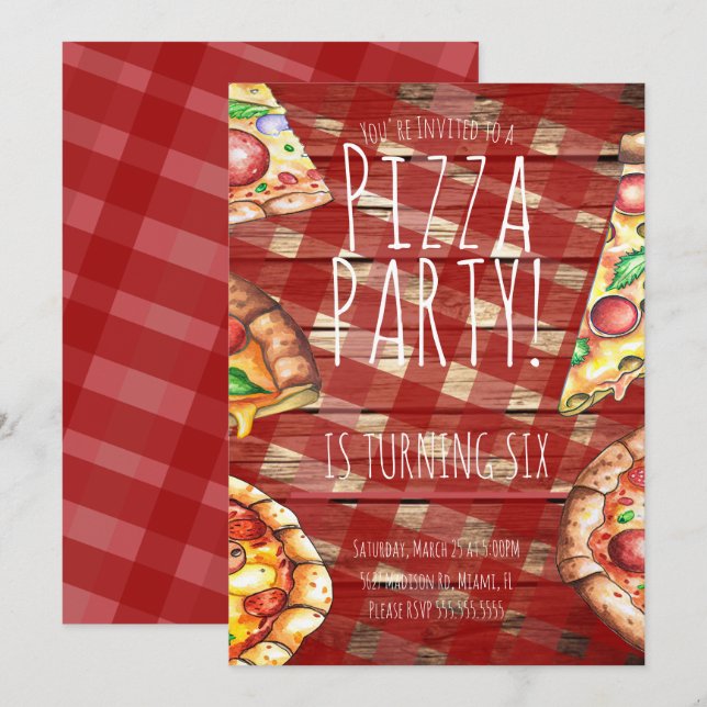 Watercolor Pizza Plaid Birthday Party Restaurant  Invitation (Front/Back)