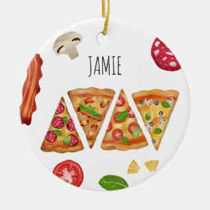 Watercolor Pizza Slices Pattern Custom Name Ceramic Tree Decoration