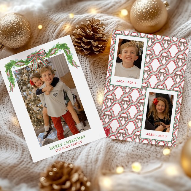 Watercolor Plaid Bow Garland Christmas Holiday Card (Creator Uploaded)
