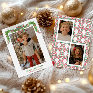Watercolor Plaid Bow Garland Christmas Holiday Card