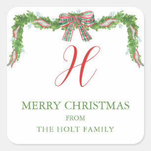 Watercolor Plaid Bow Garland Christmas Square Sticker