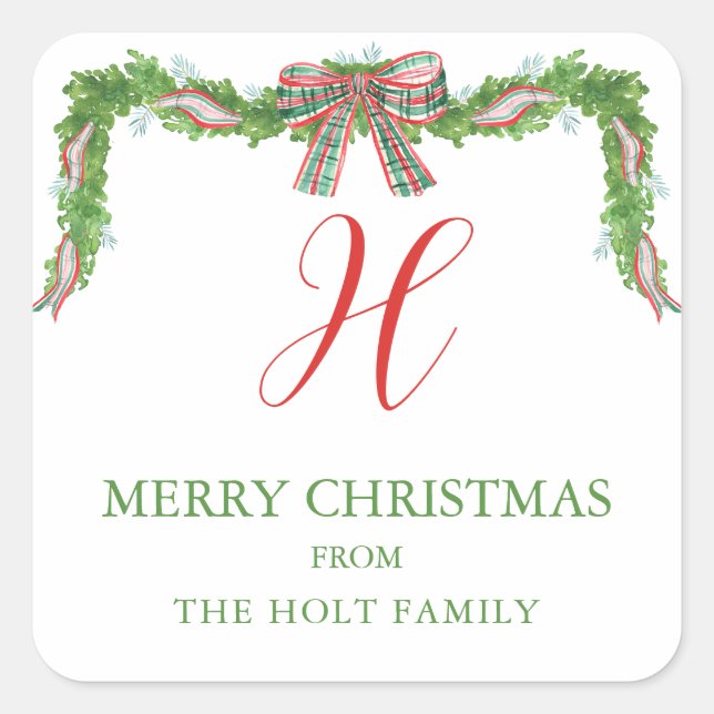 Watercolor Plaid Bow Garland Christmas Square Sticker (Front)