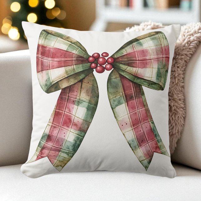 Watercolor Plaid Christmas Bow Red Green Rustic Cushion (Watercolor Plaid Christmas Bow Red Green Rustic Throw Pillow)