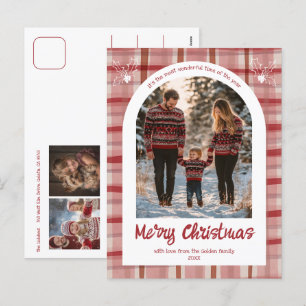 Watercolor Plaid Christmas Custom Arch 3 Photo  Holiday Postcard