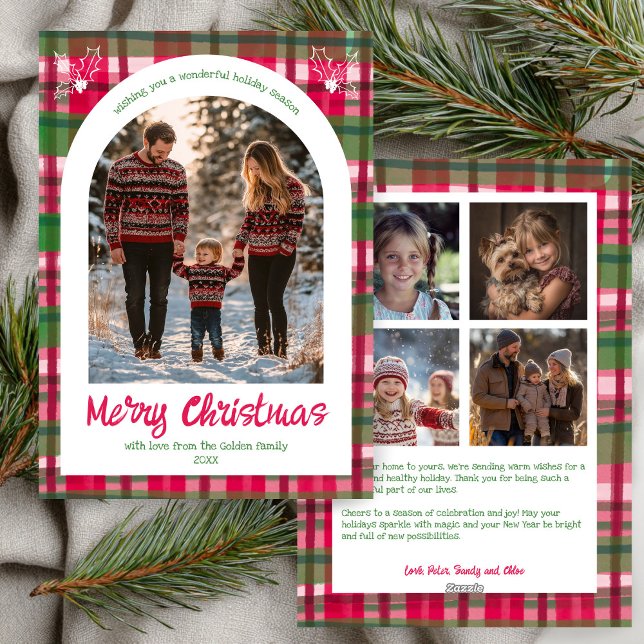Watercolor Plaid Christmas Custom Arch 5 Photo Holiday Card (Watercolor Plaid Christmas Custom Arch 5 Photo Holiday Card
)
