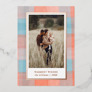 Watercolor Plaid   Coral Grey Blue Photo   Foil Holiday Card