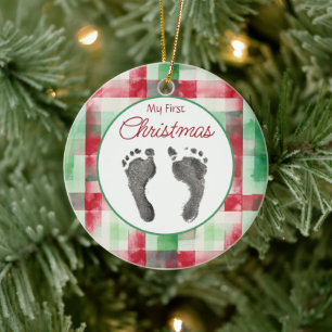 Watercolor Plaid First Christmas Your Baby's Feet  Ceramic Tree Decoration