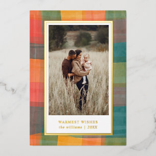 Watercolor Plaid Green Orange Photo Holiday