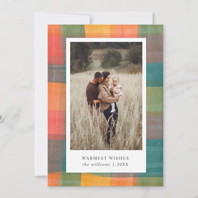 Watercolor Plaid | Green Orange Photo  Holiday  (Front)