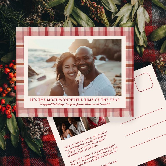 Watercolor Plaid Handmade Christmas Custom 3 Photo Holiday Postcard (Watercolor Red Plaid Handmade Christmas Custom 3 Photo Holiday Postcard
)