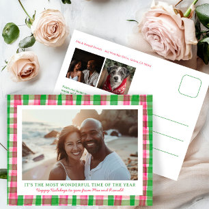 Watercolor Plaid Handmade Christmas Custom 3 Photo Holiday Postcard