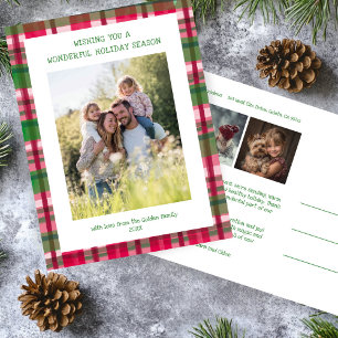 Watercolor Plaid Handmade Christmas Custom 3 Photo Holiday Postcard