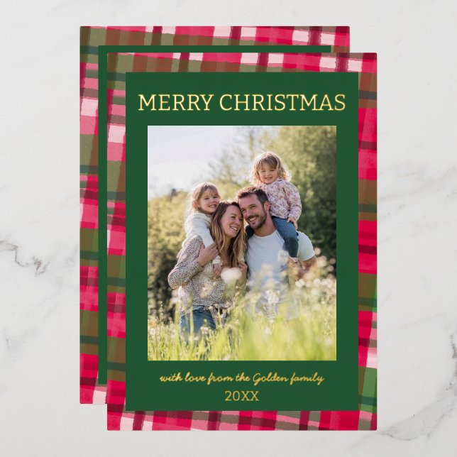 Watercolor Plaid Handmade Christmas Custom 5 Photo Foil Holiday Card (Front/Back)