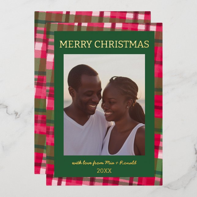 Watercolor Plaid Handmade Christmas Custom Photo Foil Holiday Card (Front/Back)