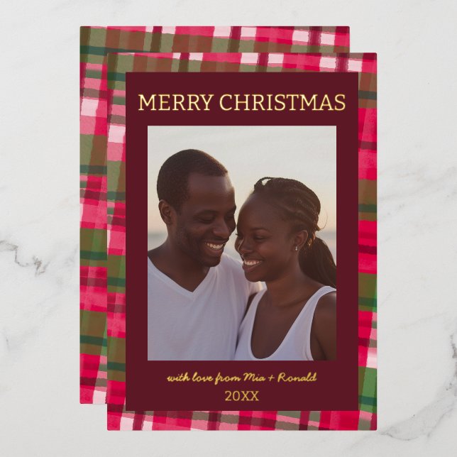 Watercolor Plaid Handmade Christmas Custom Photo Foil Holiday Card (Front/Back)