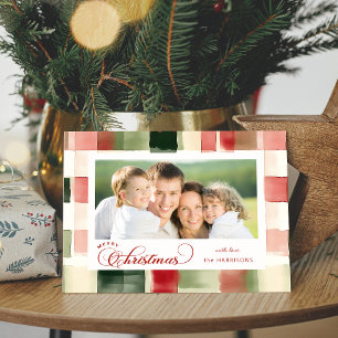 Watercolor Plaid Merry Christmas Calligraphy Photo Holiday Card
