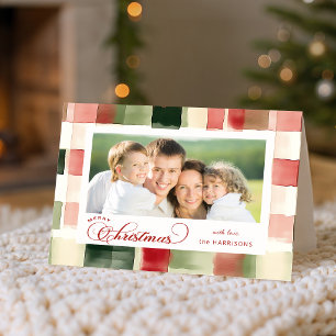 Watercolor Plaid Merry Christmas Calligraphy Photo Holiday Card