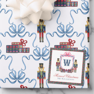 Watercolor Plaid Nutcracker Bear Monogram Crest Card