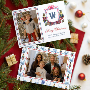 Watercolor Plaid Nutcracker Bear Monogram Crest Holiday Card