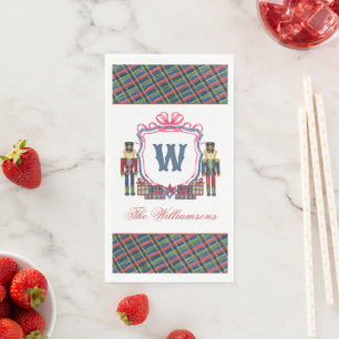 Watercolor Plaid Nutcracker Bear Monogram Crest Napkin