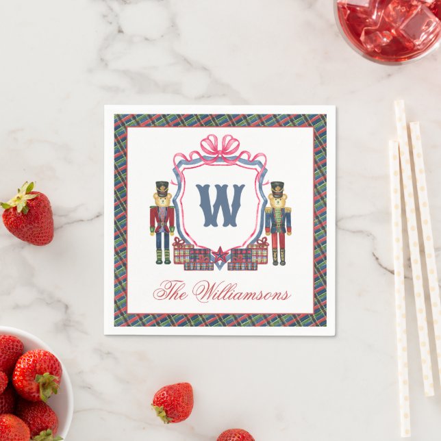 Watercolor Plaid Nutcracker Bear Monogram Crest Napkin (Insitu)