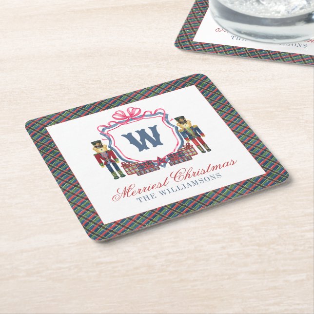 Watercolor Plaid Nutcracker Bear Monogram Crest Square Paper Coaster (Angled)