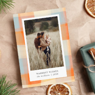 Watercolor Plaid   Orange Cream Pale Blue 2 Photo  Holiday Card