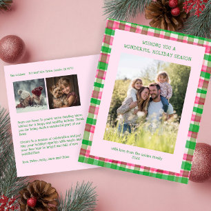 Watercolor Plaid Pink Christmas Custom 3 Photo  Holiday Postcard