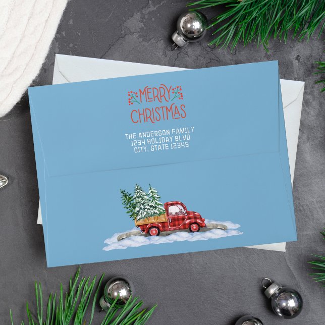 Watercolor Plaid Red Truck Blue Merry Christmas Envelope (Watercolor Red & Black Buffalo Plaid Truck Blue Merry Christmas Envelope)