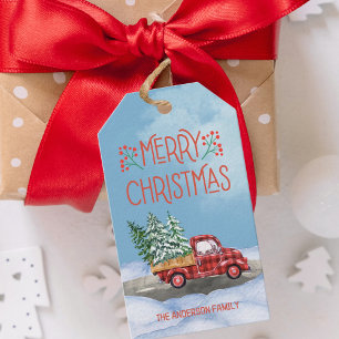 Watercolor Plaid Red Truck Snow Christmas Gifting Gift Tags