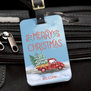 Watercolor Plaid Red Truck Snow Christmas Vacation Luggage Tag