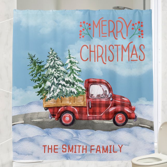 Watercolor Plaid Red Truck Snow Family Christmas Shower Curtain (Watercolor Plaid Red Truck Snow Family Christmas Shower Curtain)