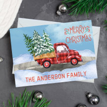 Watercolor Plaid Red Truck Snow Merry Christmas