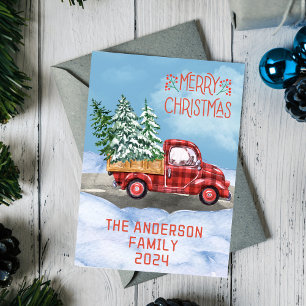 Watercolor Plaid Red Truck Snow Merry Christmas Holiday Card