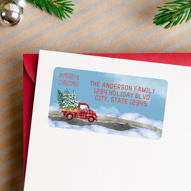 Watercolor Plaid Red Truck Snow Merry Christmas Label (watercolor buffalo plaid truck Christmas address labels)