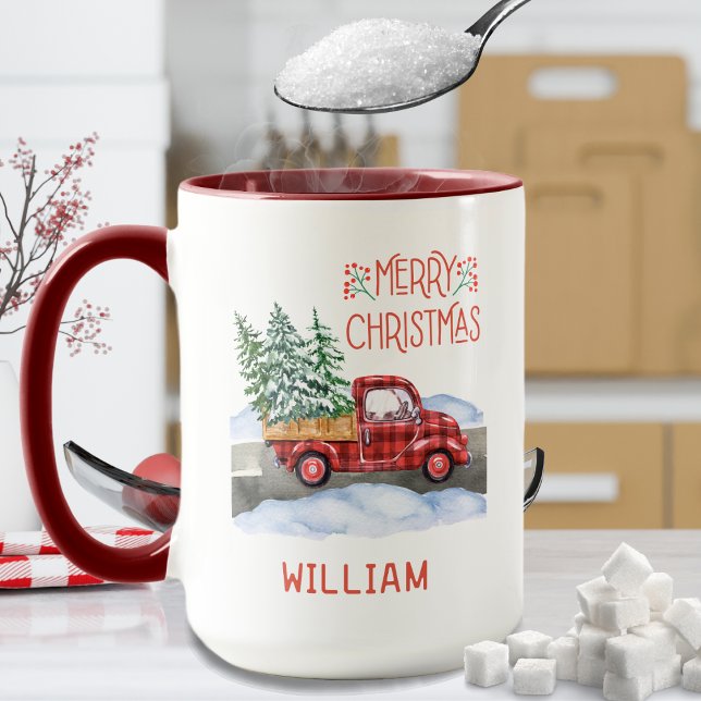 Watercolor Plaid Red Truck Snow Merry Christmas Mug (Merry Christmas red accent coffee mug with red and black buffalo plaid truck and personalized name)