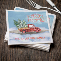 Watercolor Plaid Red Truck Snow Merry Christmas