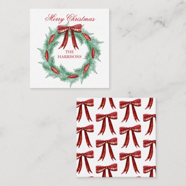 Watercolor Plaid Ribbon Wreath Christmas Enclosure Card (Front/Back)