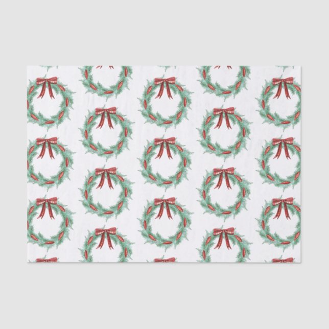 Watercolor Plaid Ribbon Wreath Christmas Tissue Paper (Front)