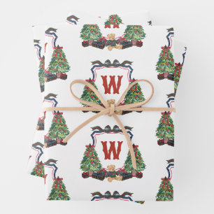 Watercolor Plaid Sweater Bear Monogram Crest Card Wrapping Paper Sheet