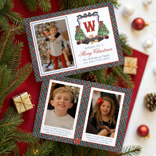 Watercolor Plaid Sweater Bear Monogram Crest Holiday Card