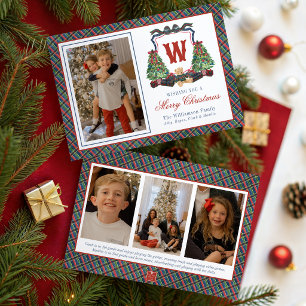 Watercolor Plaid Sweater Bear Monogram Crest Holiday Card