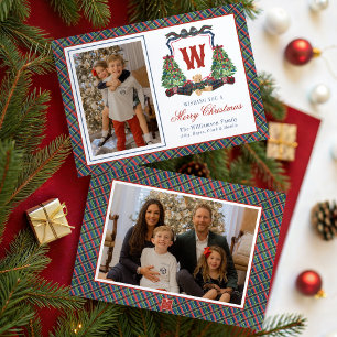 Watercolor Plaid Sweater Bear Monogram Crest Holiday Card