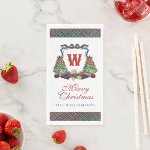 Watercolor Plaid Sweater Bear Monogram Crest Napkin