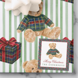 Watercolor Plaid Tartan Christmas Sweater Bear Card