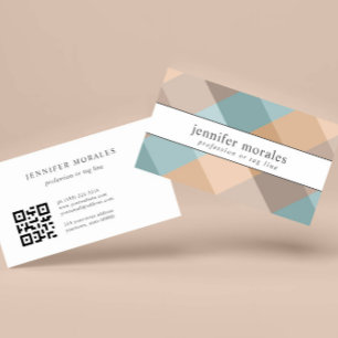 Watercolor Plaid Teal Brown Tan Aqua QR CODE Business Card