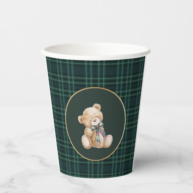  Watercolor Plaid Teddy Bear preppy baby shower Paper Cups (Front)