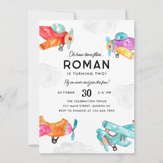 Watercolor Planes Clouds Sky Kid Aeroplane Birthda Invitation (Front)