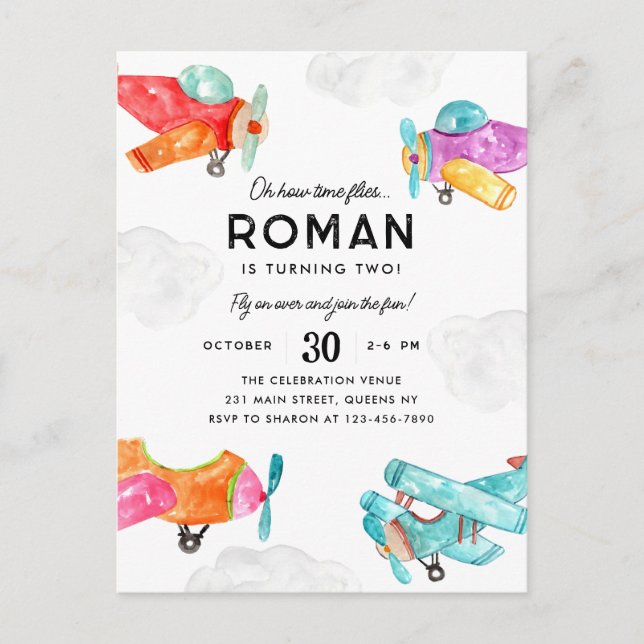 Watercolor Planes Clouds Sky Kid Aeroplane Birthda Postcard (Front)